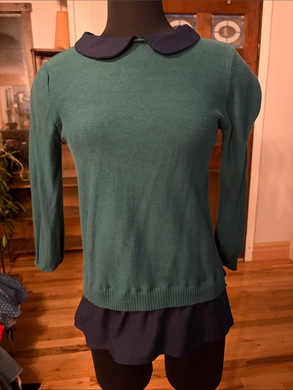 Modcloth Teal Green Crewneck Sweater with Navy Peter Pan Collar